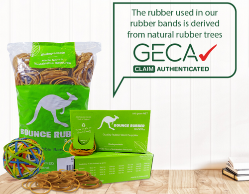 Bounce 500g bag of natural tan rubber bands and green 100g dispenser boxes with a rubber band ball, beside a GECA Claim Authenticated speech bubble