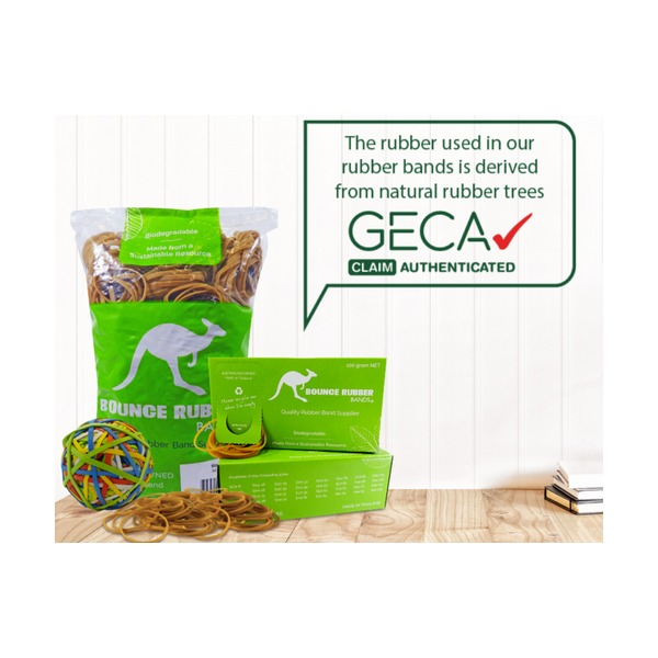 Bounce natural tan rubber bands shown in a 500g bag and green 100g boxes, a coloured band ball in front and a GECA Claim Authenticated bubble
