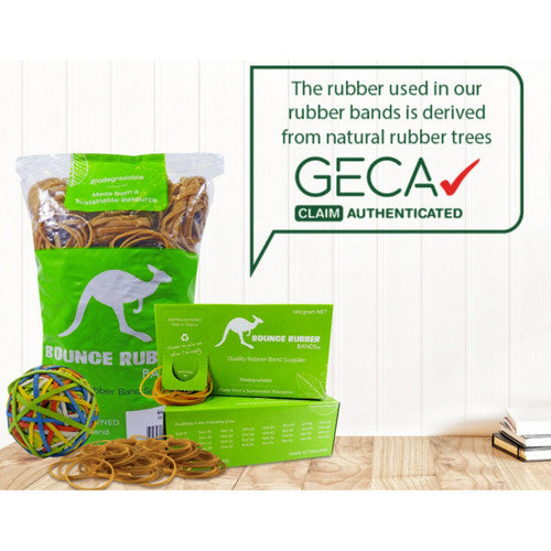 Bounce brand image of a natural tan 500g bag, green Bounce box and a coloured band ball on a desk, with a GECA Claim Authenticated message