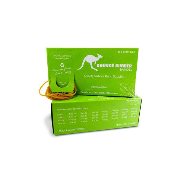 Bounce Rubber Bands Size 35 100g dispenser box in green with the kangaroo logo, 100 gram NET and Made in Thailand printed on the front and natural tan bands drawn through the OPEN HERE tab (SRETBAND35N)
