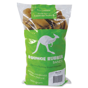 Bounce Rubber Bands 500g bag of long natural tan Size 109 bands in clear film with a green kangaroo panel and a Size #109 500g BAG label