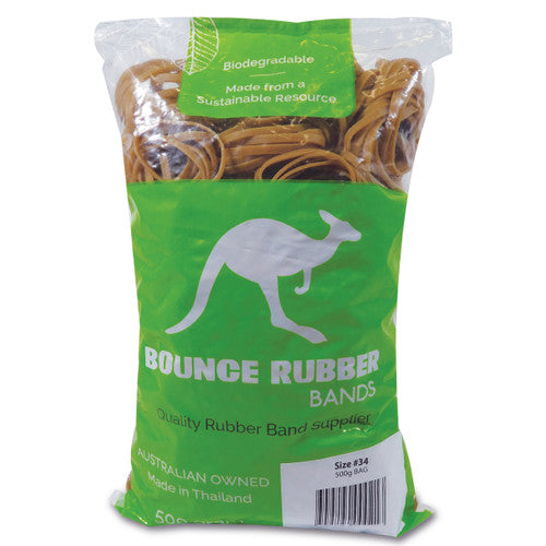 Clear Bounce 500g bag filled with natural tan rubber bands, green kangaroo label and a white panel printed Size 34 above the barcode