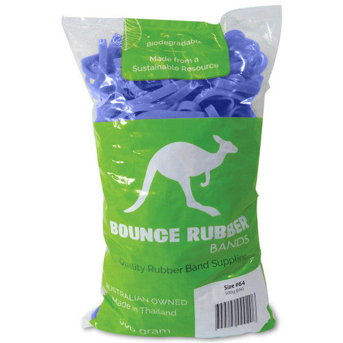 Clear Bounce 500g bag packed with blue rubber bands, green kangaroo label and a white barcode panel printed Size 64 500g Bag