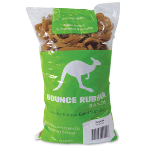 Bounce 500g bag of natural tan Size 64 rubber bands, green kangaroo branding on a clear bag and a barcode panel printed Size 64 500g Bag