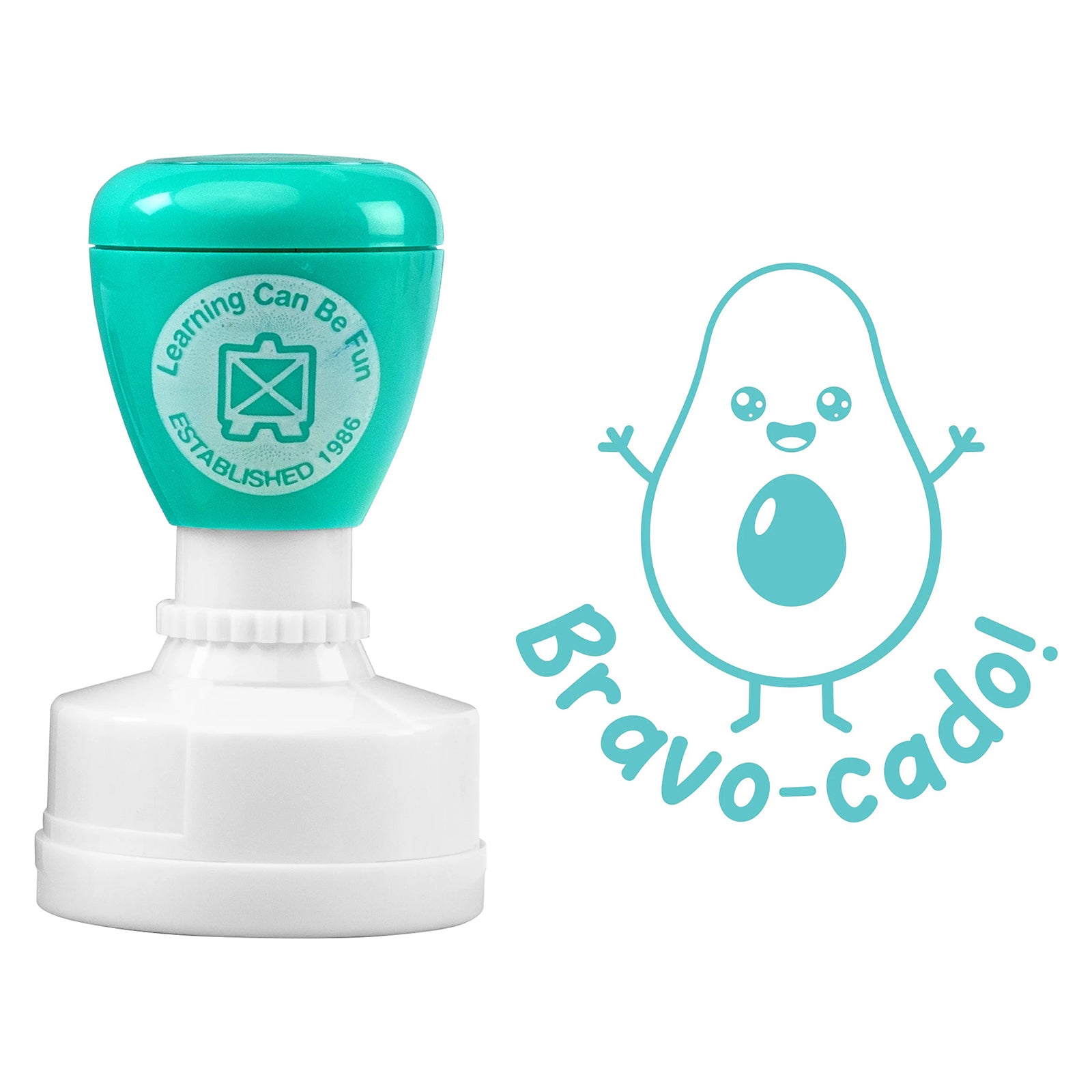 Product display showing the Bravo-cado self inking stamp alongside its clear aqua impression on a neutral background. The friendly avocado character and encouraging wording make it ideal for rewarding classroom success.