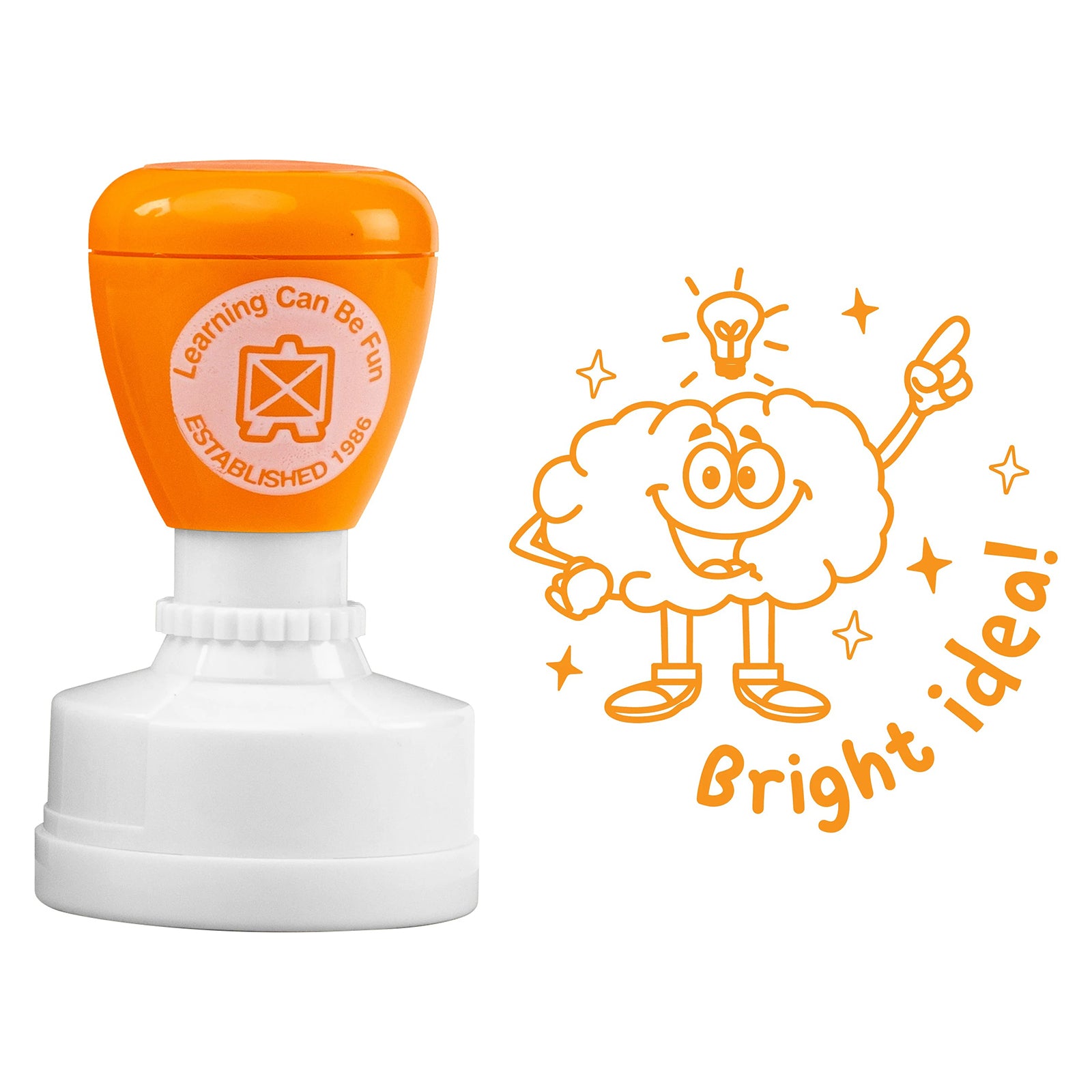 Product close up featuring the Bright Idea merit stamp and detailed orange impression on a clean background. The self inking design and large 36mm imprint make it ideal for rewarding thoughtful classroom contributions.