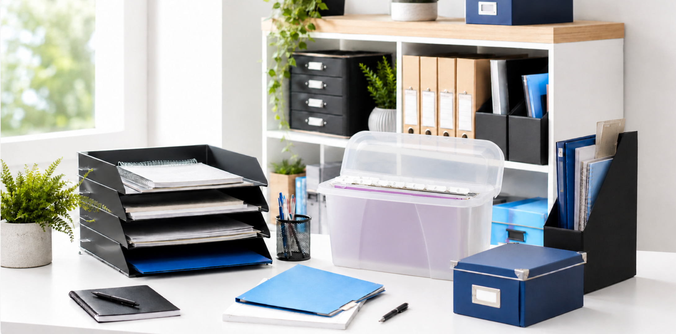 A styled home office desk setup featuring a stack of black document trays, a clear plastic storage bin with a purple folder inside, a blue file box, a blue folder, and a black vertical file holder, arranged on a white desk in front of a white shelving unit.
