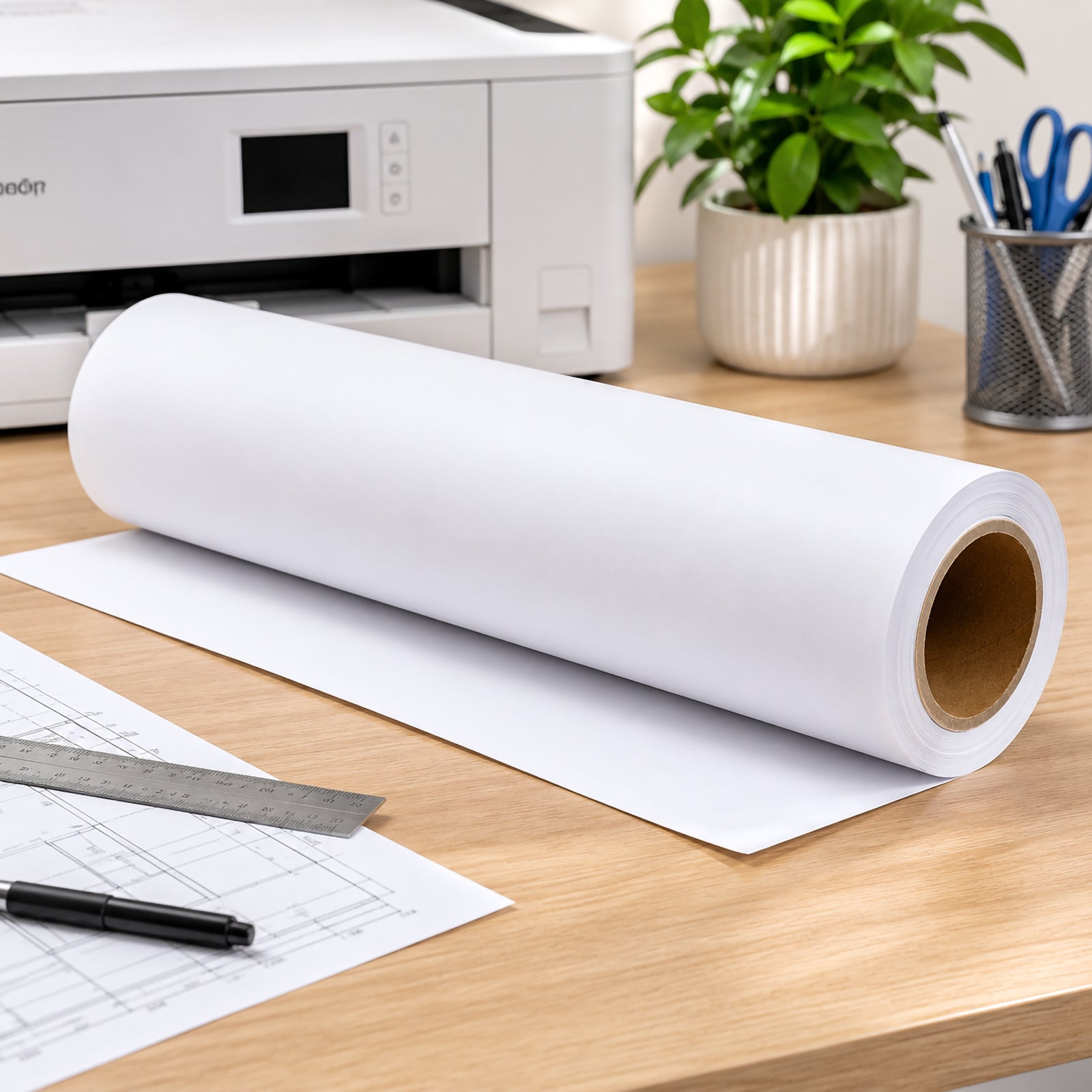 Brother BP80GRA3 A3 glossy paper roll positioned beside technical drawings, ruler and office accessories. The image showcases the paper’s versatility for professional presentations, signage, promotional materials and high quality graphic printing.