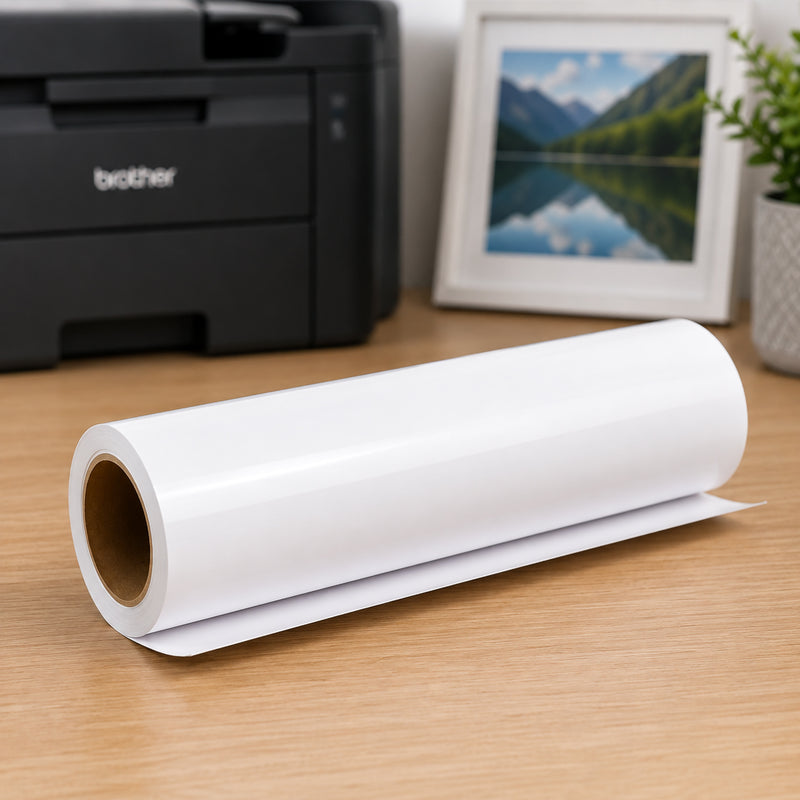 Close up view of the Brother BP80GRA3 glossy paper roll resting on a desk with a Brother printer and framed photograph in the background. The smooth reflective surface demonstrates the paper’s high gloss finish and professional presentation quality.