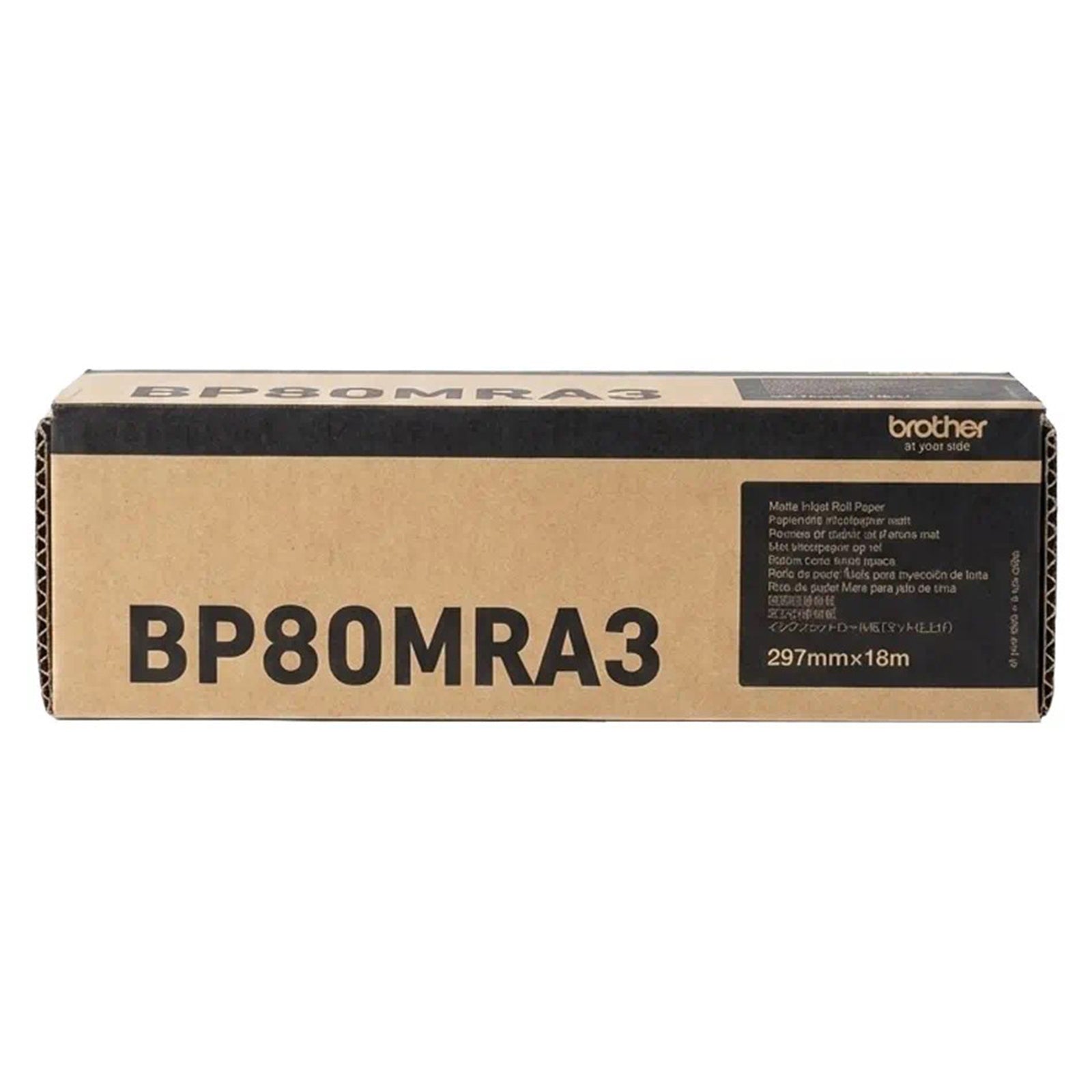 Front facing view of the genuine Brother BP80MRA3 retail packaging showing model identification and roll dimensions of 297mm x 18m. The packaging highlights its authentic Brother consumable quality and professional printing applications.