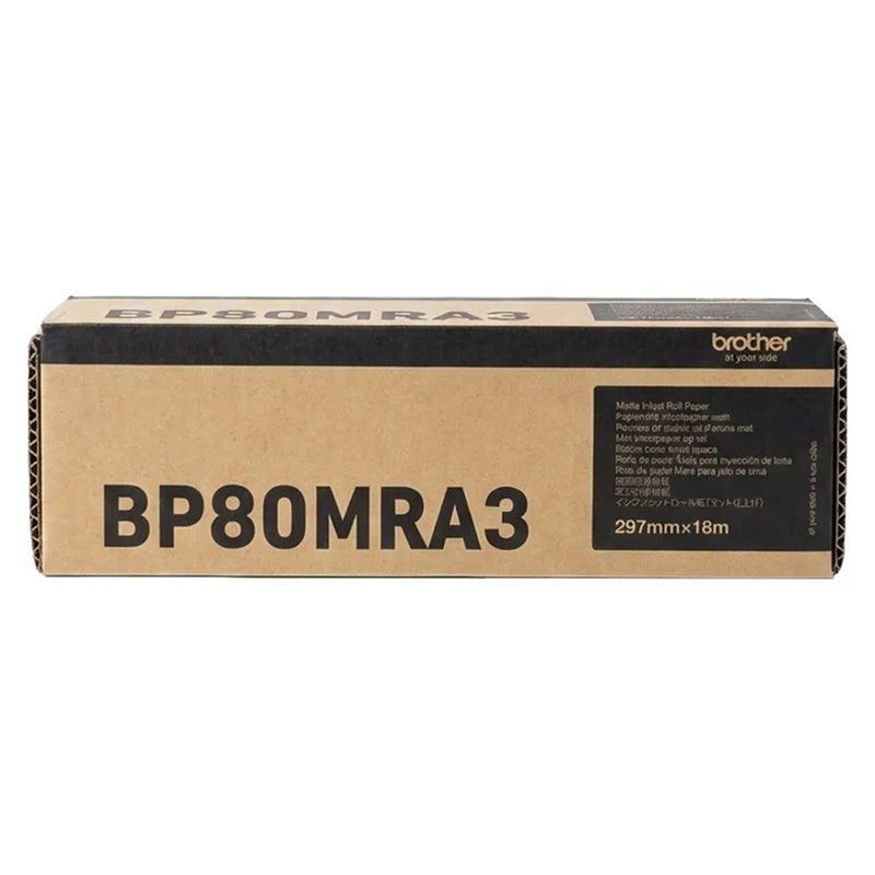Front facing view of the genuine Brother BP80MRA3 retail packaging showing model identification and roll dimensions of 297mm x 18m. The packaging highlights its authentic Brother consumable quality and professional printing applications.