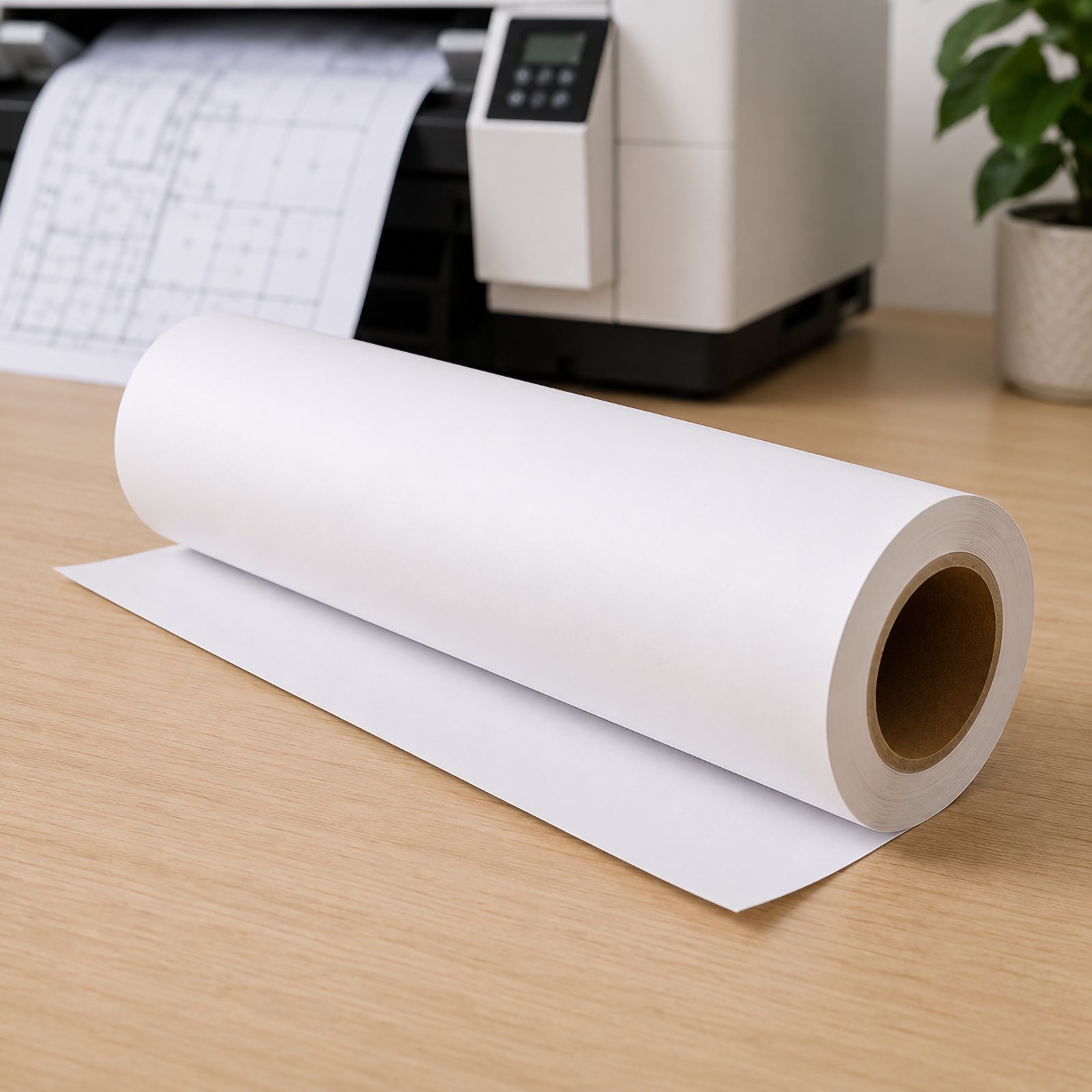 Brother BP80MRA3 matte paper roll placed in front of a large format printer with printed plans visible in the background. The image showcases its application for technical drawings, engineering plans, posters and high quality display materials.