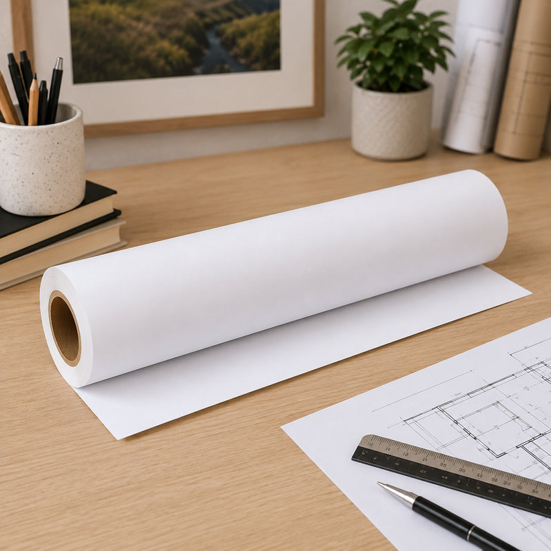 Close angled view of the Brother BP80MRA3 A3 matte paper roll positioned on a clean wooden desk with architectural drawings, stationery and office décor. The smooth low glare surface demonstrates its professional finish for detailed graphics and business documents.