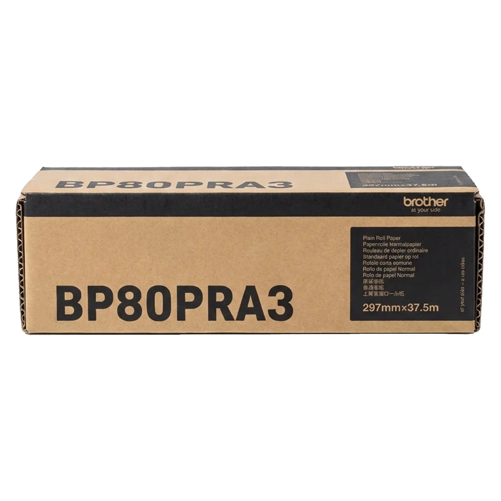 Brother BP80PRA3 packaging shown front facing with clear product labelling, plain roll paper details and 297mm x 37.5m sizing for genuine Brother supplies.