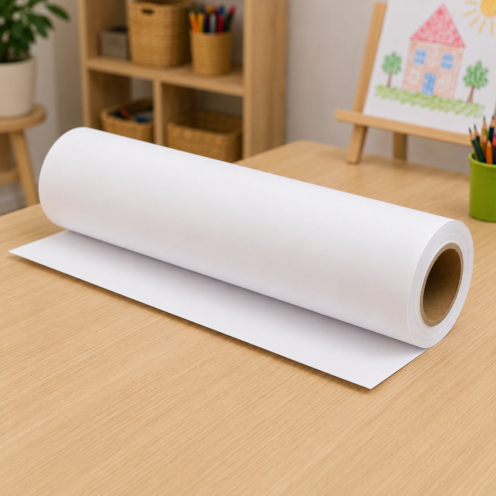 Large white A3 paper roll shown on a wooden desk in an organised creative area, highlighting clean plain paper suitable for posters, diagrams and extended print layouts.
