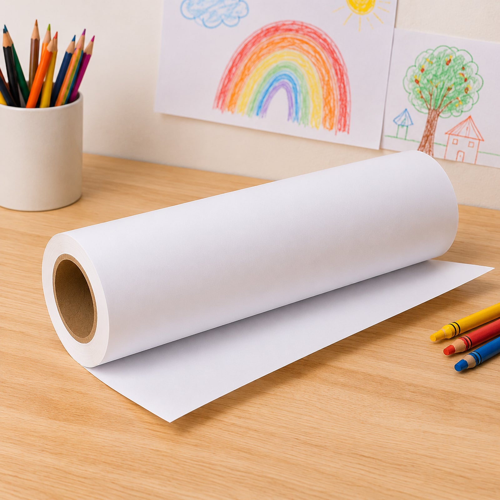 Brother BP80PRA3 plain white paper roll shown in a creative workspace with coloured pencils and children artwork, ideal for classroom displays, notices and long format projects.