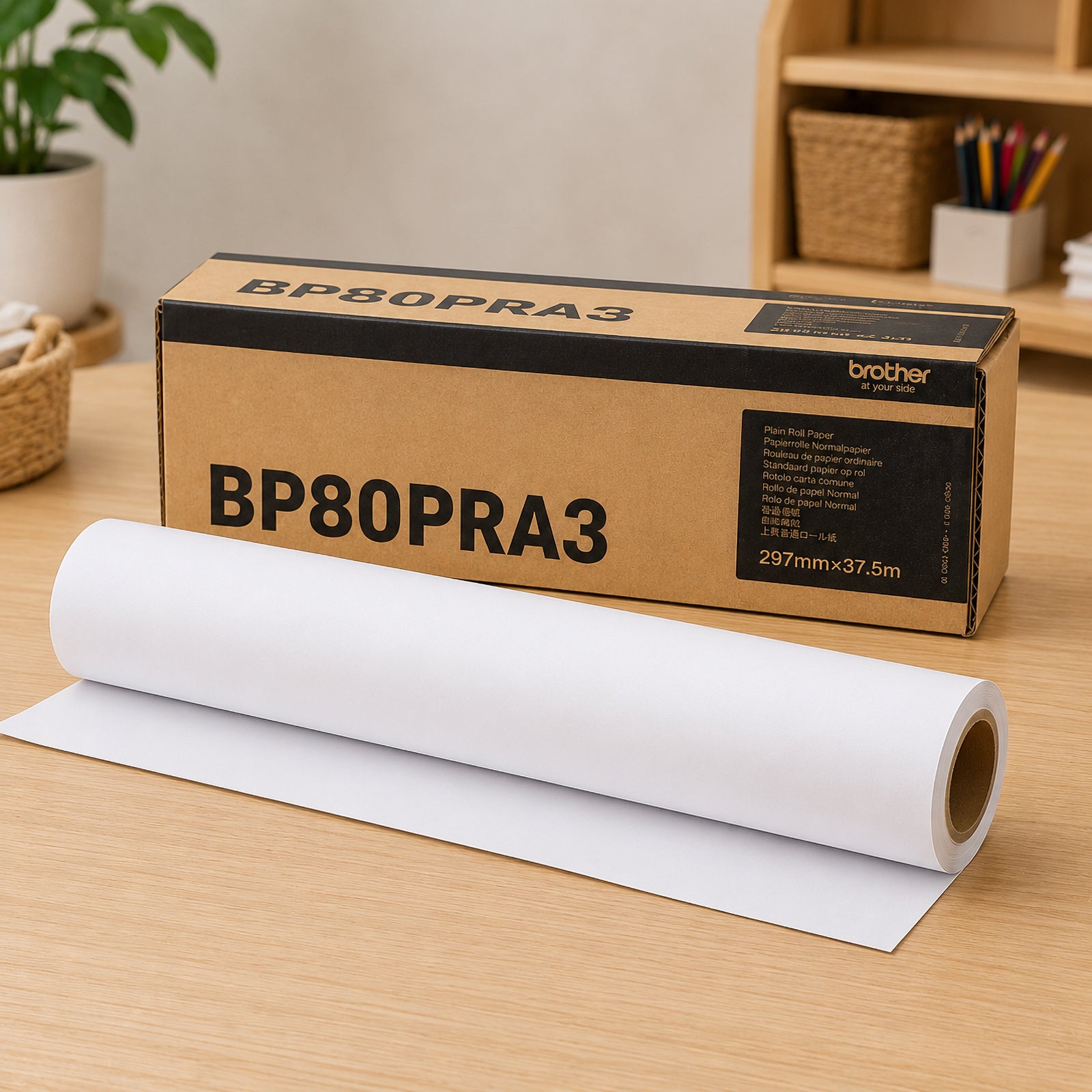 Genuine Brother BP80PRA3 A3 plain paper roll displayed with its branded cardboard packaging on a desk, showing the 297mm x 37.5m roll size for compatible Brother roll printing devices.