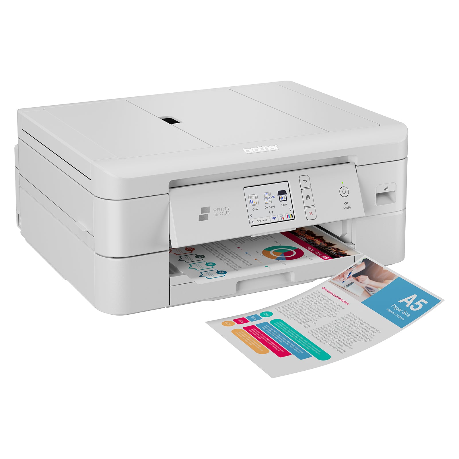 Three quarter view of the Brother DCP-J1800DW printer printing an A5 promotional flyer. The compact all in one inkjet device showcases its innovative Print and Cut capability, allowing automatic creation of A5 materials from standard A4 sheets. The image highlights the touchscreen controls, wireless operation, and modern minimalist design suited to professional workspaces and creative business environments.
