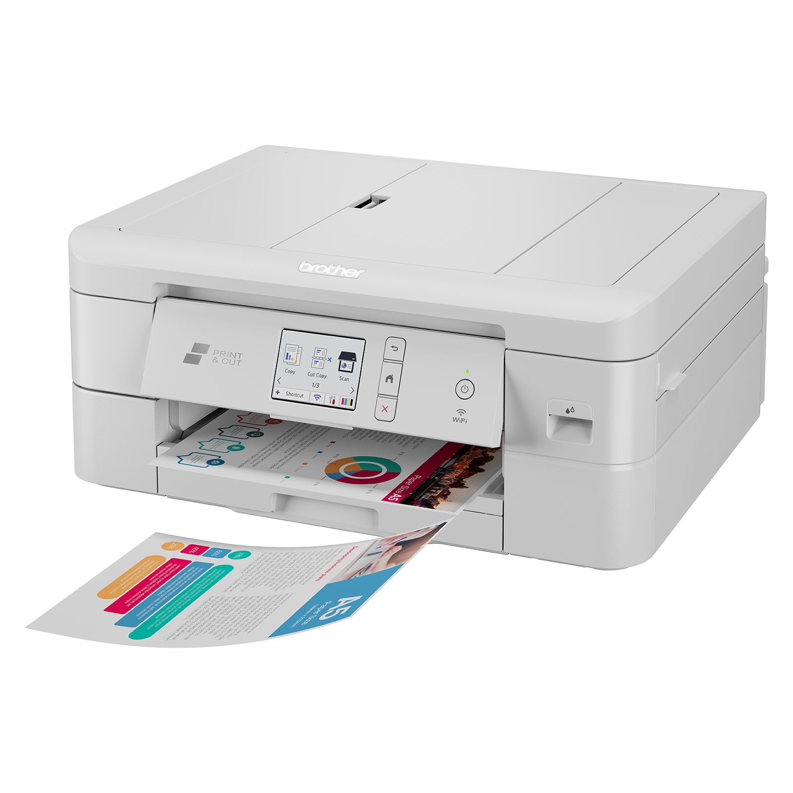Angled product image of the Brother DCP-J1800DW Print and Cut Inkjet Printer isolated on a clean white background. The printer is shown actively producing a full colour A5 document, demonstrating its unique automatic cutting technology. Visible features include the colour LCD touchscreen, streamlined design, wireless networking capabilities, and front paper output tray, highlighting its versatility for everyday business printing and marketing material creation.