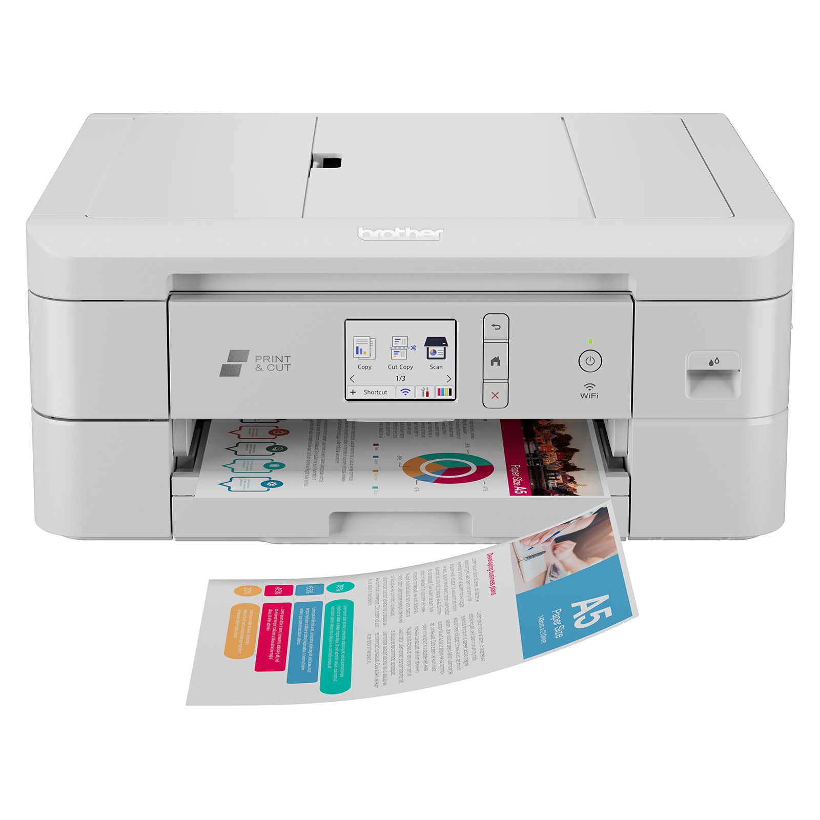 Front view of the Brother DCP-J1800DW Print and Cut printer displaying an A5 brochure emerging from the output tray. The clean white design features a colour touchscreen display, intuitive controls, and automatic paper cutting functionality. This image emphasises the printer's ability to create professional marketing materials, reports, flyers, and promotional documents with convenience and efficiency.