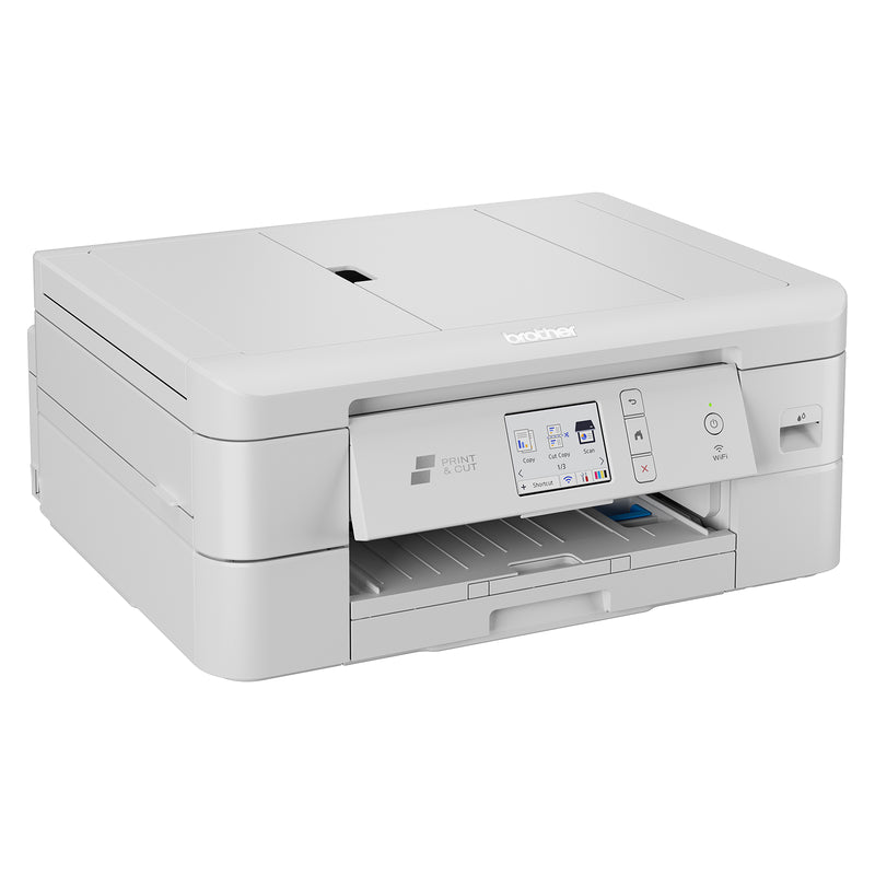 Front facing product image of the Brother DCP-J1800DW printer completing an A5 print job. The printer's automatic cutting technology, vibrant colour output, and compact all in one design are clearly visible. The image highlights the modern touchscreen display, wireless networking features, and efficient paper handling system that supports professional quality document creation.