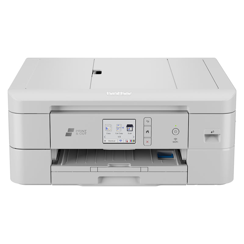 Brother DCP-J1800DW Print and Cut Inkjet Printer shown with an empty output tray on a neutral background. This clean product shot focuses on the printer's compact dimensions, integrated cutting mechanism, colour touchscreen display, wireless connectivity indicators, and streamlined design. Ideal for businesses and home users seeking an innovative print, scan, and copy solution that simplifies the production of A5 documents and marketing materials.