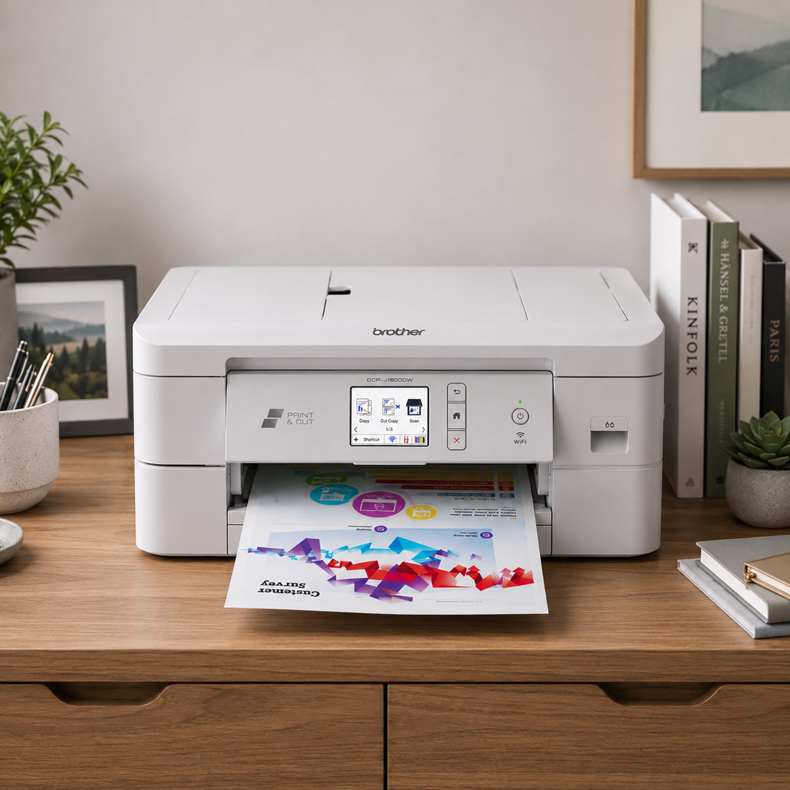 Front facing view of the Brother DCP-J1800DW Print and Cut Inkjet Printer on a timber office cabinet. A colourful printed page emerges from the output tray, showcasing sharp graphics and vivid colour reproduction. The compact printer includes a touchscreen interface, wireless connectivity, print, copy, and scan functions, making it ideal for small offices, creative studios, and home businesses seeking efficient document production.
