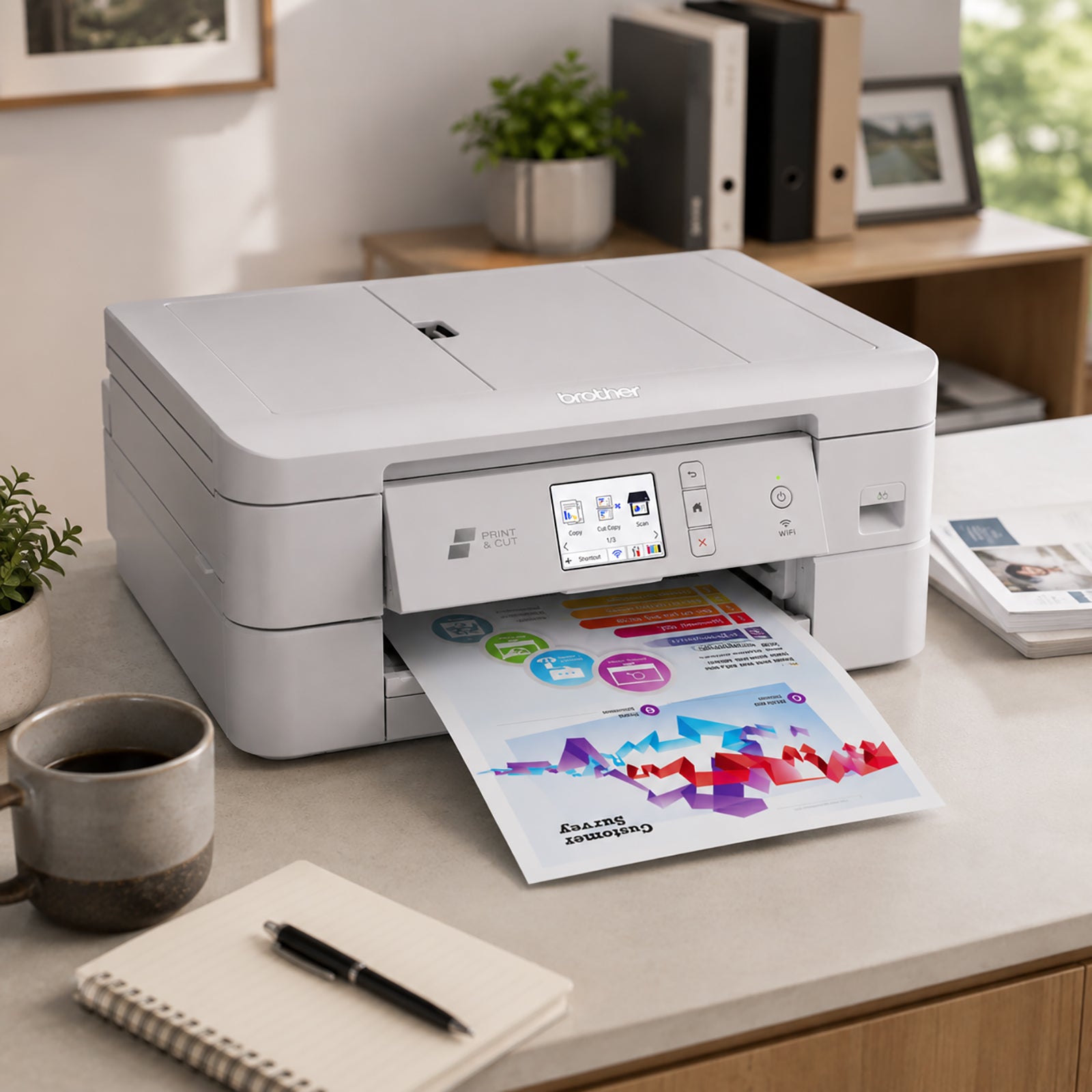 Brother DCP-J1800DW multifunction Print and Cut printer displayed on a contemporary workspace counter while producing a vibrant colour infographic. The compact A4 inkjet printer features an intuitive touchscreen control panel, automatic document handling, wireless printing technology, and integrated paper cutting functionality. Office décor, stationery, and filing materials create a productive business setting, highlighting the printer's suitability for entrepreneurs, remote workers, and professional home o