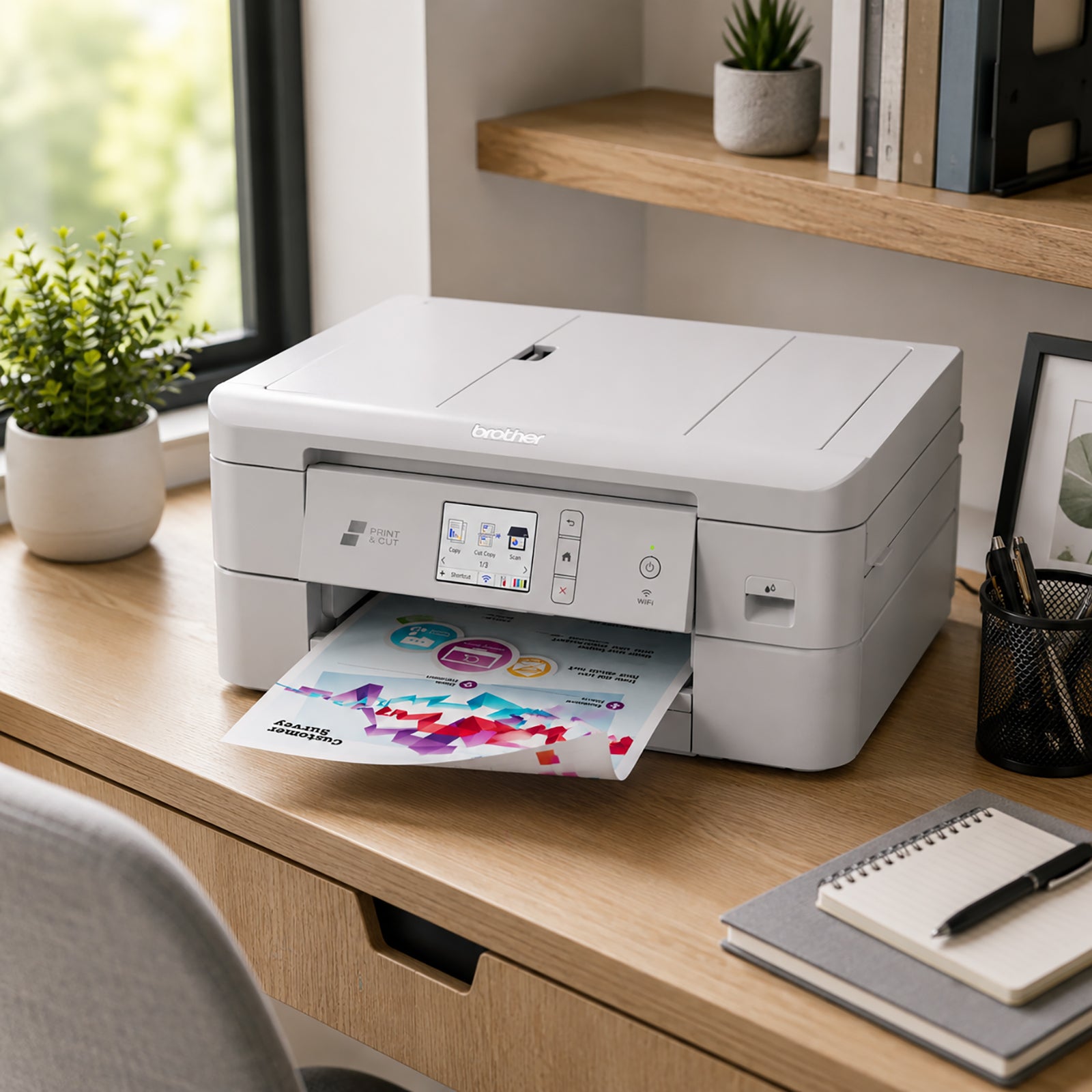 Brother DCP-J1800DW Print and Cut Inkjet Printer positioned on a modern home office desk, printing a colourful business document. The compact white multifunction inkjet printer features an integrated automatic cutting function, colour touchscreen display, wireless connectivity, and sleek space saving design. Surrounded by office accessories, notebooks, and indoor plants, the printer demonstrates its suitability for home offices, creative workspaces, and small business environments requiring professional pri