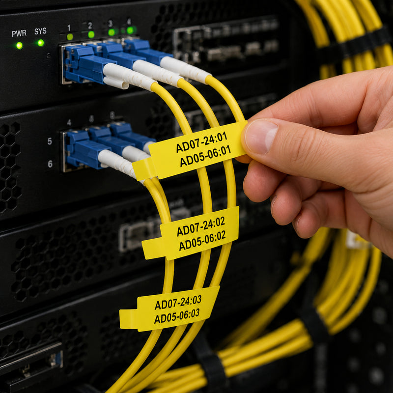 Technician holding a bright yellow Brother FLe-6511 flag label beside multiple yellow fibre cables connected to black network equipment. Several matching labels identify individual cable routes with bold black references, demonstrating the high visibility format in a busy server or communications rack where fast cable recognition is important.