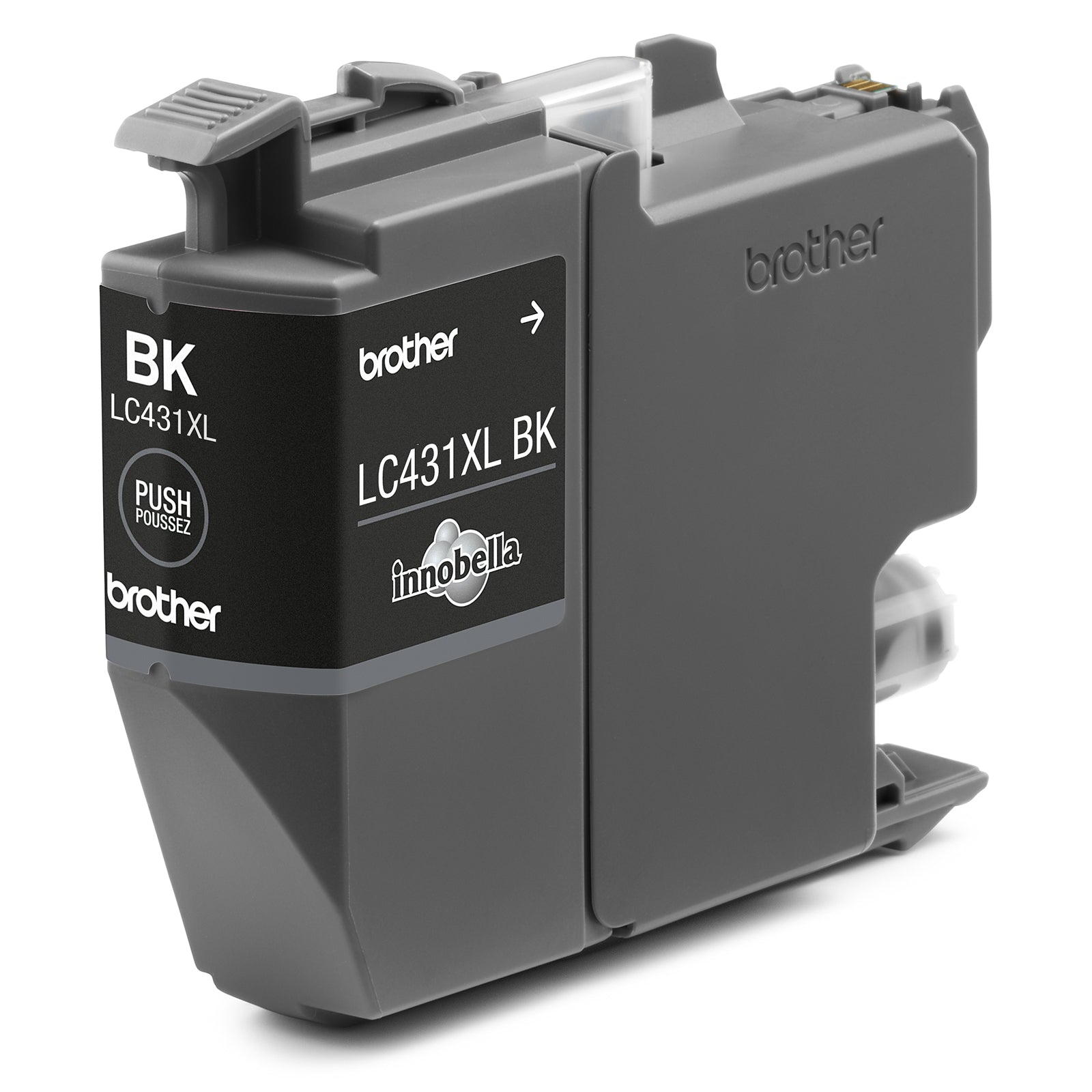 Detailed product image of the Brother LC431XLBK high yield black ink cartridge featuring Brother Innobella branding and integrated cartridge design. The image clearly shows the cartridge structure and colour identification used for easy installation in compatible printers.