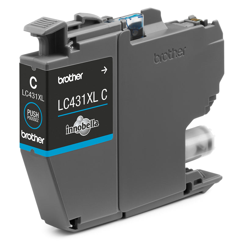 Close up image showing a genuine Brother LC431XL cyan ink cartridge installed alongside magenta, yellow and black cartridges inside a compatible Brother inkjet printer. The colour coded cartridge bay demonstrates easy identification and installation while highlighting genuine Brother consumables designed for reliable printer performance.