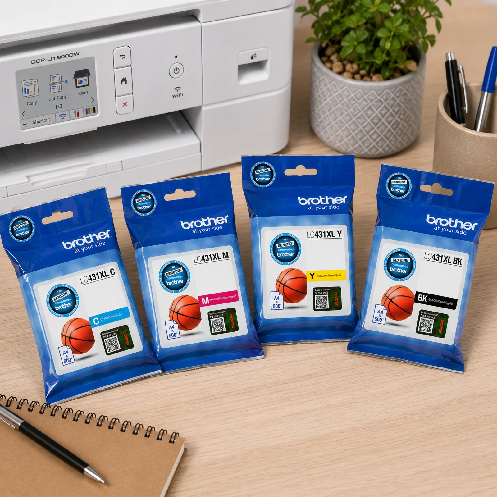 A complete range of Brother LC431XL ink cartridges displayed on a desktop in front of a Brother printer. Cyan, magenta, yellow and black cartridges are arranged side by side, showcasing the genuine Brother ink range used for high quality colour and monochrome printing in home and office environments.