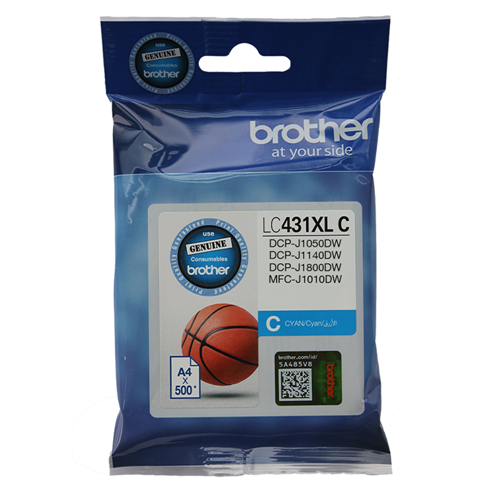 Front facing product image of the Brother LC431XLC High Yield Cyan Ink Cartridge in genuine Brother retail packaging. The blue package displays the LC431XLC model number, cyan colour identifier and genuine Brother consumables seal. Compatible printer models including DCP J1050DW, DCP J1140DW, DCP J1800DW and MFC J1010DW are listed on the front alongside a yield of up to 500 A4 pages.