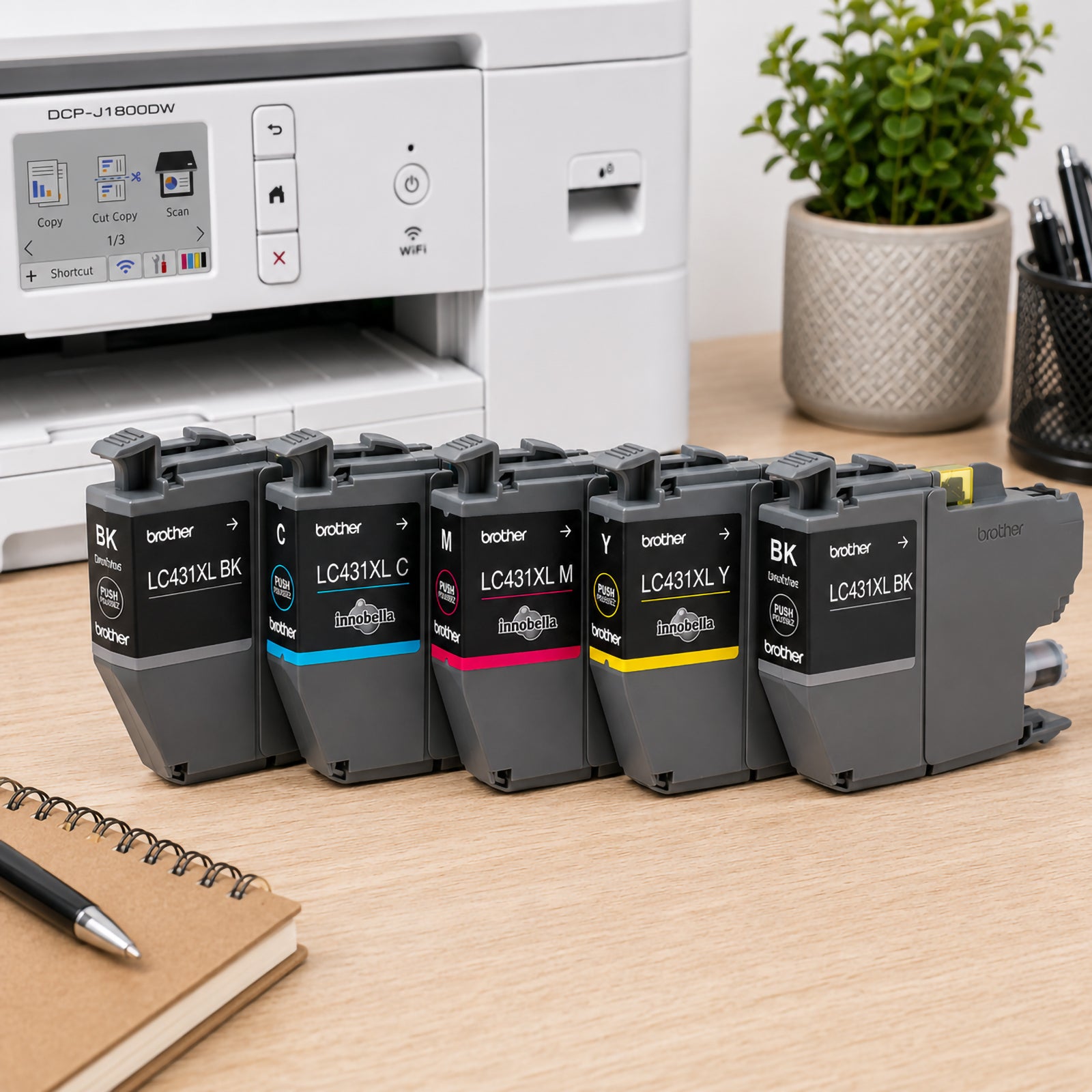 Brother LC431XL colour cartridge retail packs displayed on a desk beside a Brother multifunction printer. The cyan, magenta, yellow and black packaged cartridges highlight the genuine Brother consumables range, suitable for maintaining vibrant colour output and dependable printing performance.
