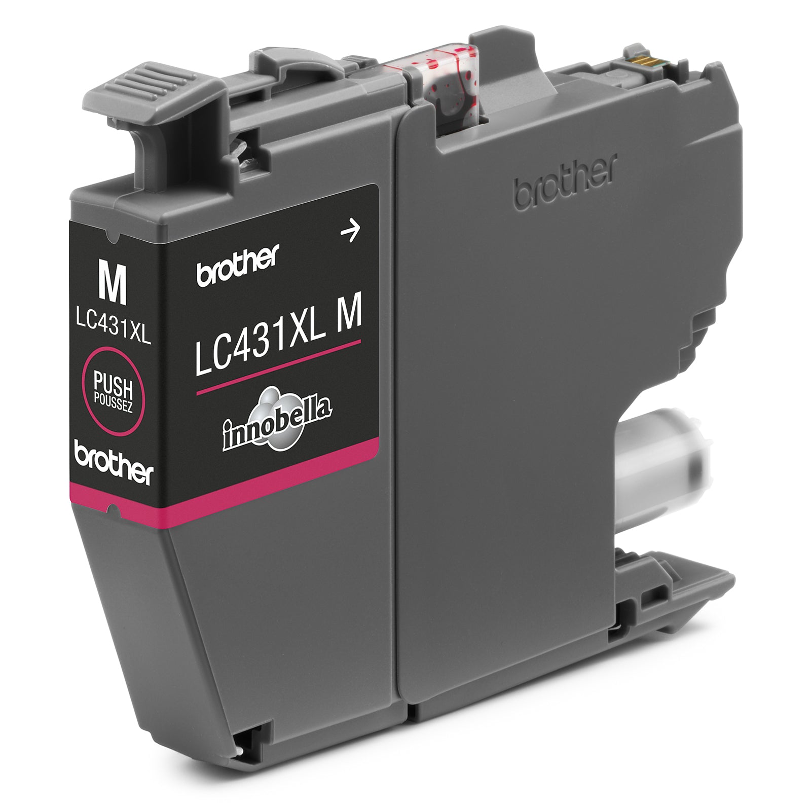 Close up image showing a genuine Brother LC431XL magenta ink cartridge being installed into a compatible Brother inkjet printer. The colour coded cartridge bay displays magenta, cyan, yellow and black positions, highlighting easy cartridge replacement and reliable printer compatibility.