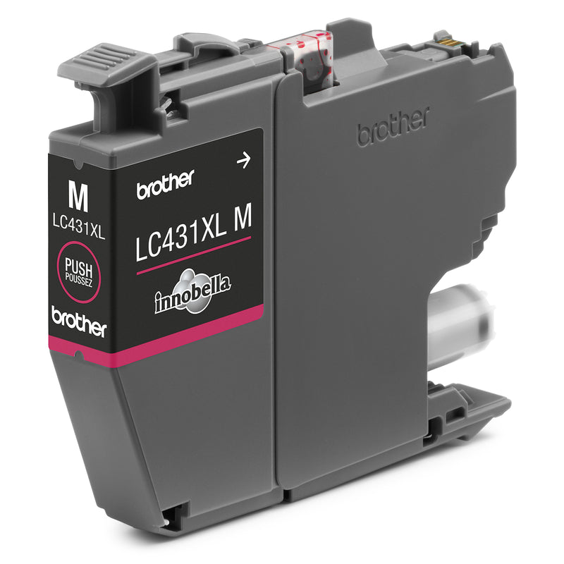 Close up image showing a genuine Brother LC431XL magenta ink cartridge being installed into a compatible Brother inkjet printer. The colour coded cartridge bay displays magenta, cyan, yellow and black positions, highlighting easy cartridge replacement and reliable printer compatibility.