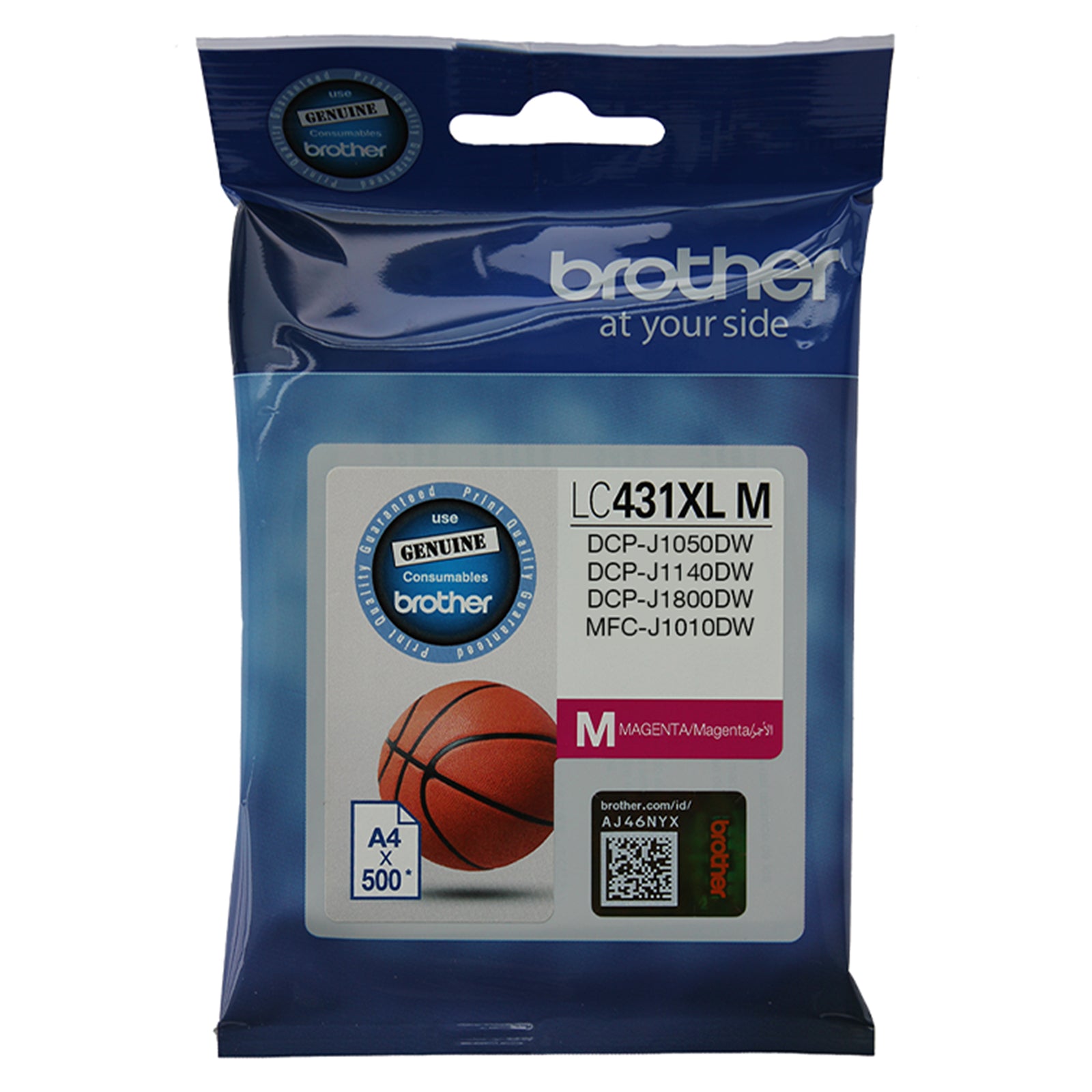 Front facing product image of the Brother LC431XLM High Yield Magenta Ink Cartridge in genuine Brother retail packaging. The package displays the LC431XLM model number, magenta colour identifier and genuine Brother consumables seal. Compatible printer models including DCP J1050DW, DCP J1140DW, DCP J1800DW and MFC J1010DW are listed on the front with a yield of up to 500 A4 pages.
