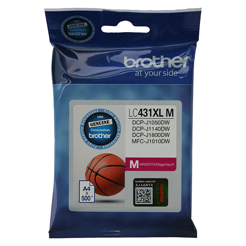 Front facing product image of the Brother LC431XLM High Yield Magenta Ink Cartridge in genuine Brother retail packaging. The package displays the LC431XLM model number, magenta colour identifier and genuine Brother consumables seal. Compatible printer models including DCP J1050DW, DCP J1140DW, DCP J1800DW and MFC J1010DW are listed on the front with a yield of up to 500 A4 pages.