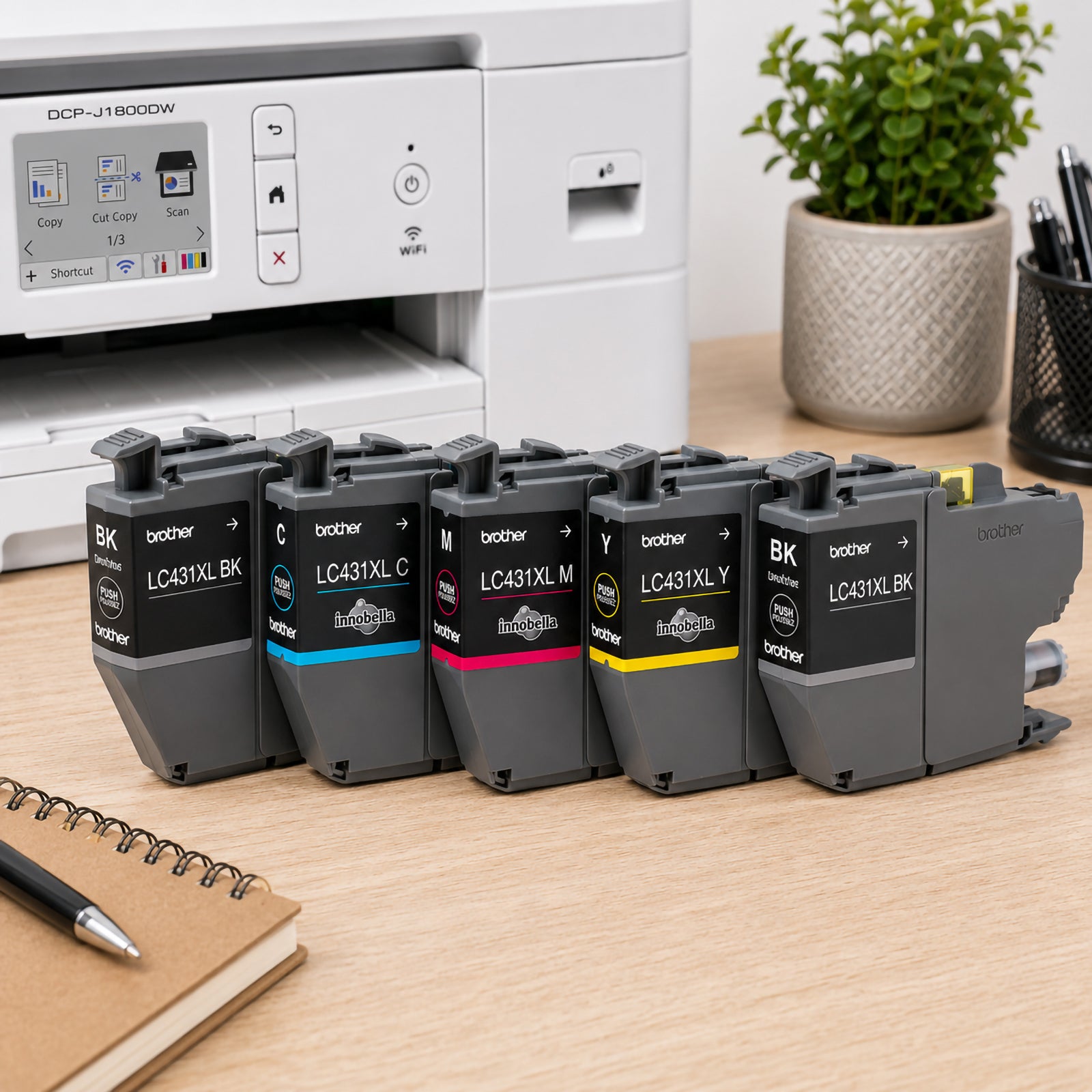 Retail packaged Brother LC431XL cartridges displayed beside a Brother printer in a modern workspace. The magenta cartridge package sits alongside cyan, yellow and black variants, showcasing genuine Brother consumables designed for consistent colour accuracy and dependable everyday printing.