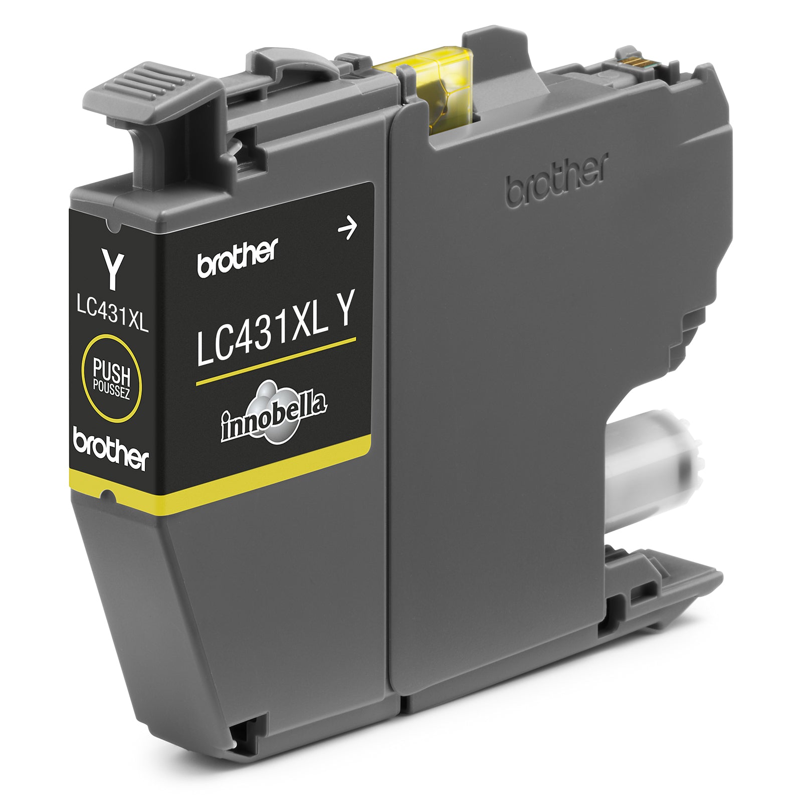 Close up image showing a genuine Brother LC431XL yellow ink cartridge installed alongside cyan, magenta and black cartridges inside a compatible Brother inkjet printer. The colour coded cartridge bay highlights simple identification and easy cartridge replacement for efficient printer maintenance.
