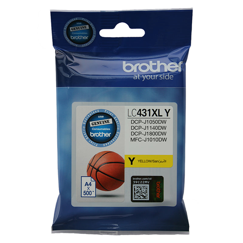 Front facing product image of the Brother LC431XLY High Yield Yellow Ink Cartridge in genuine Brother retail packaging. The package displays the LC431XLY model number, yellow colour identifier and genuine Brother consumables seal. Compatible printer models including DCP J1050DW, DCP J1140DW, DCP J1800DW and MFC J1010DW are listed on the front with a yield of up to 500 A4 pages.