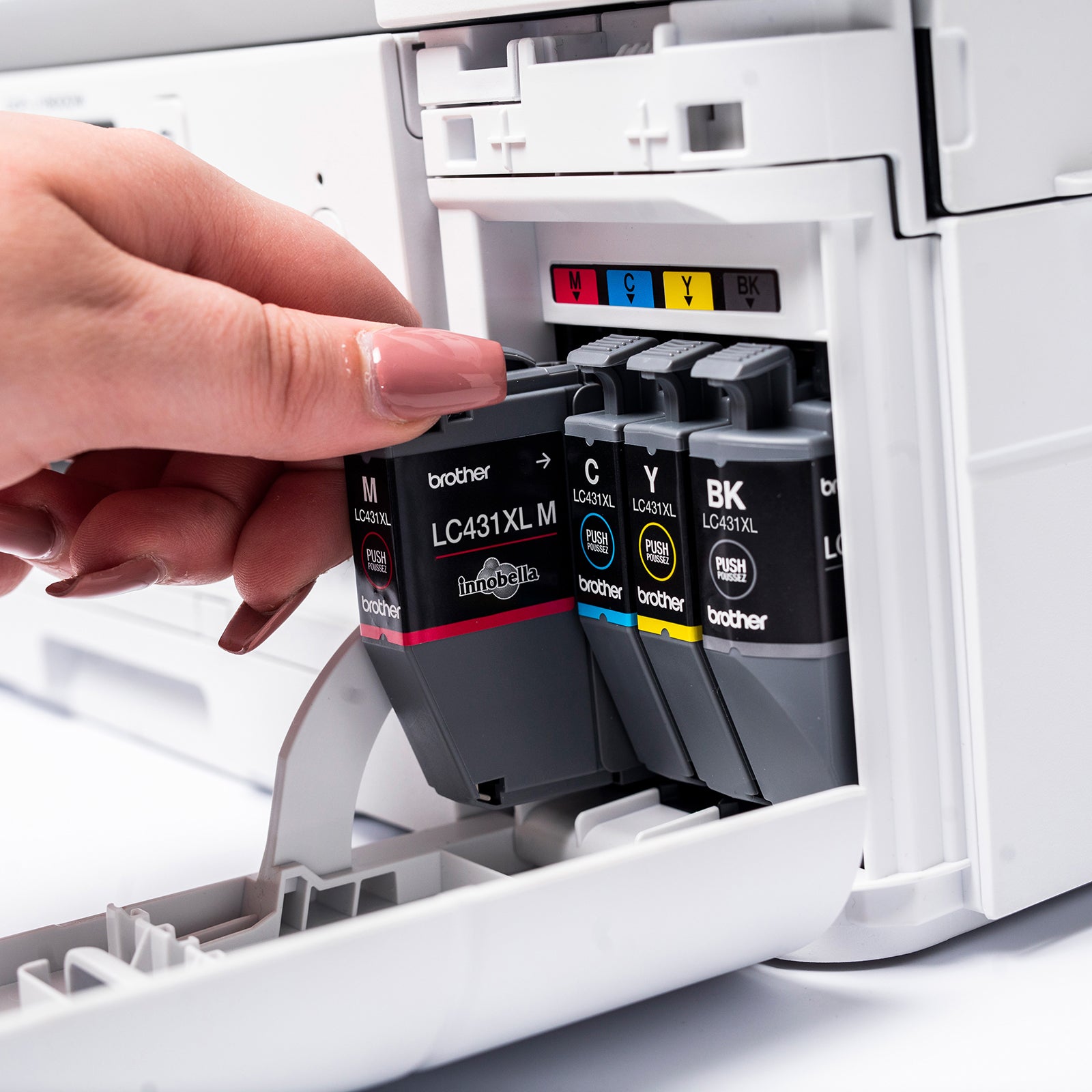 Detailed isolated image of the Brother LC431XLY yellow ink cartridge featuring the Brother Innobella branding, yellow colour markings and cartridge housing design. The image clearly displays the genuine cartridge construction and installation features for compatible Brother inkjet printers.