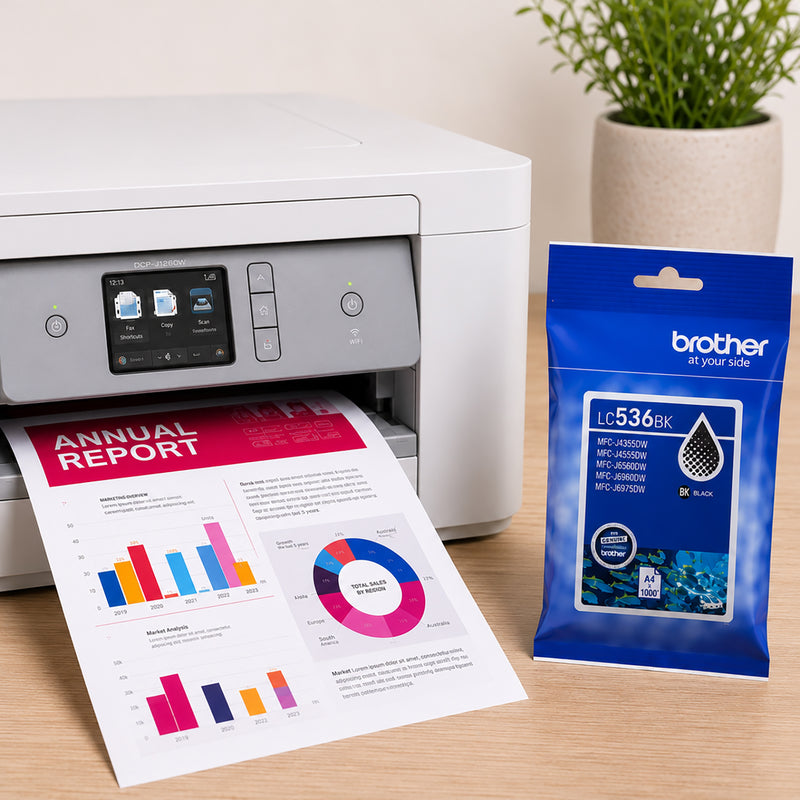 Brother LC536BK Black Ink Cartridge displayed beside a Brother inkjet printer producing a professional business report. The image highlights genuine Brother ink performance, sharp black text output and dependable document printing for office, business and home workspaces.