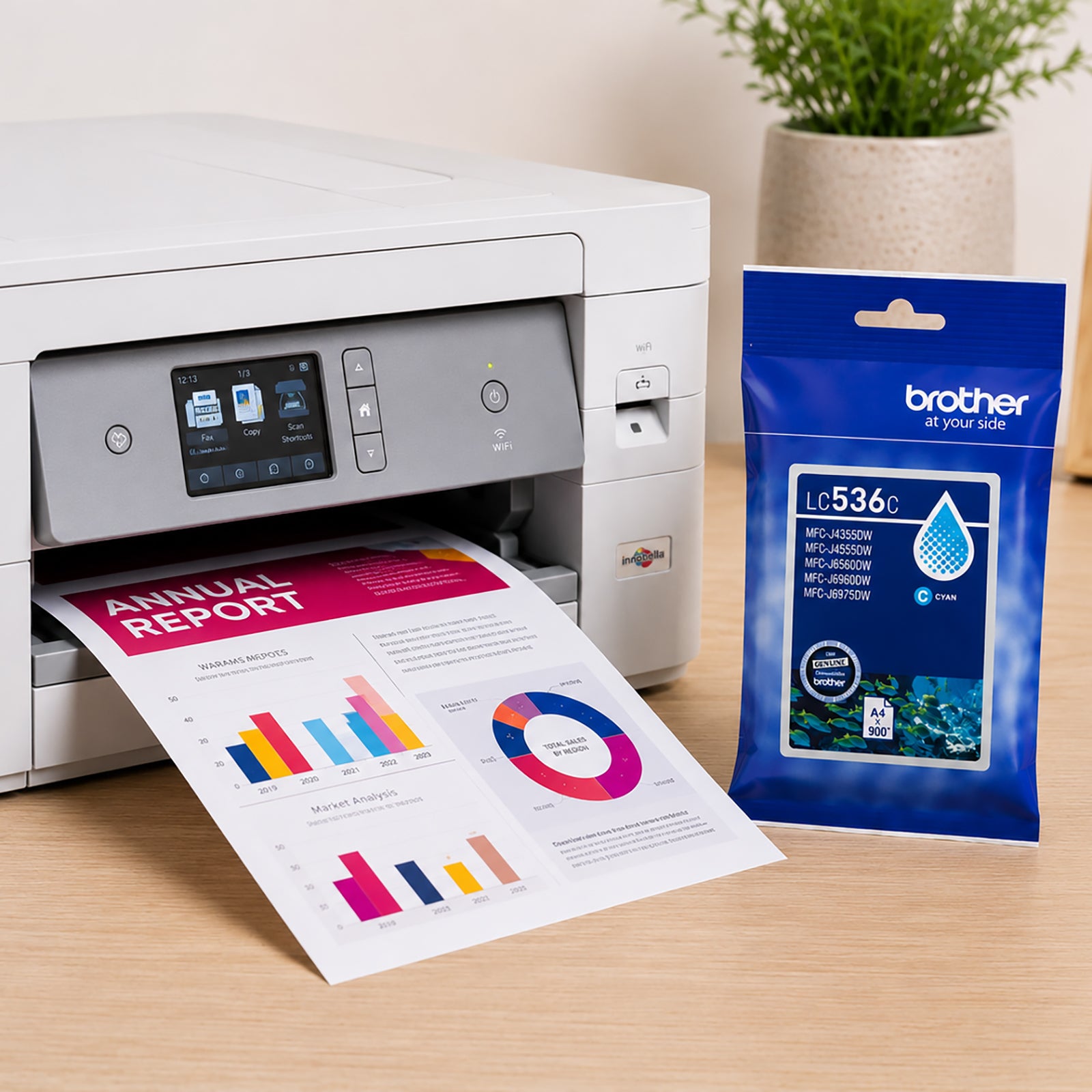 Brother LC536C Cyan Ink Cartridge displayed beside a Brother inkjet printer producing a colourful business report. The scene highlights genuine Brother ink performance, vibrant cyan colour reproduction and reliable print quality for office documents, presentations and professional colour printing tasks.