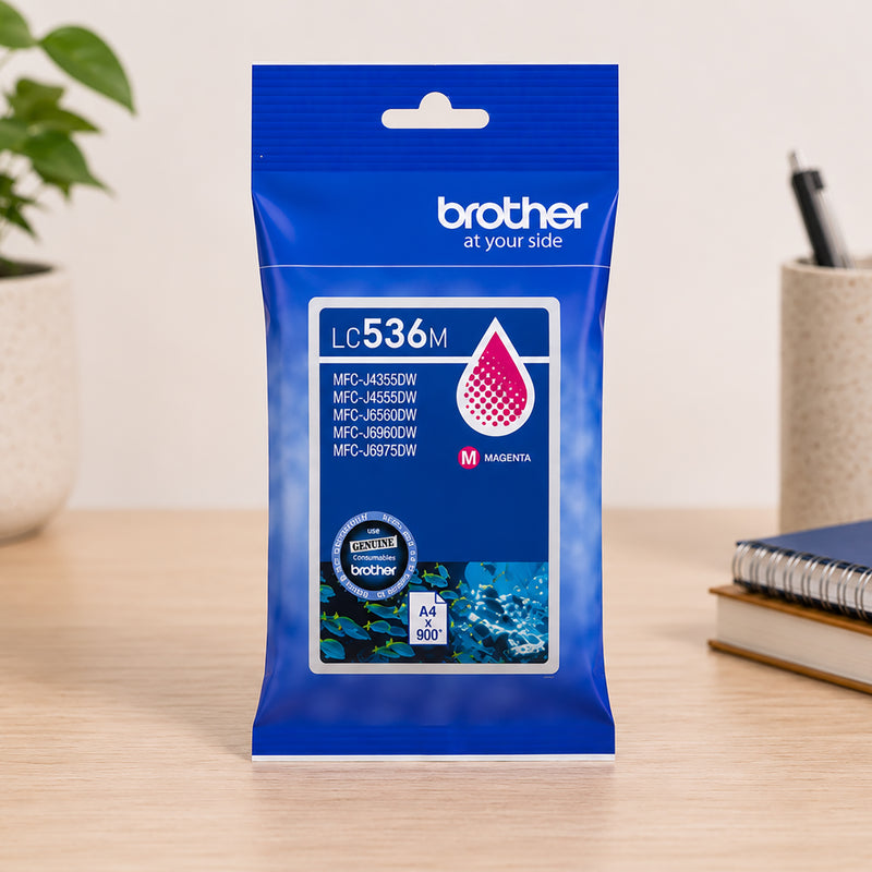 Clean product packaging image of the Brother LC536M Magenta Ink Cartridge against a neutral background. The artwork highlights the magenta colour designation, genuine Brother branding, compatible printer models and page yield information for easy product identification.