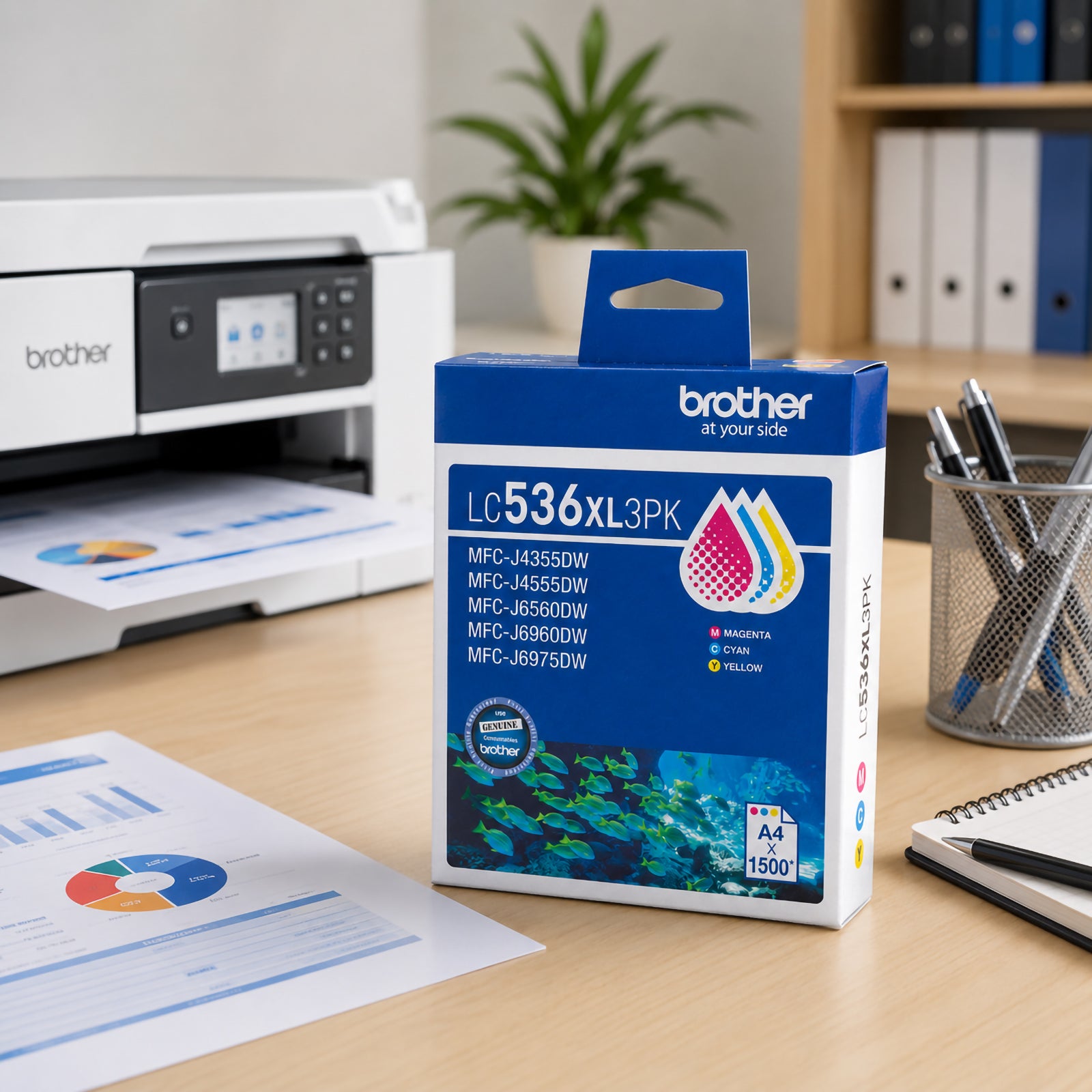 Angled lifestyle view of the Brother LC536XL3PK High Yield CMY Pack featuring cyan, magenta and yellow ink indicators on the packaging. Displayed alongside a multifunction printer, office stationery and printed business reports, the image emphasises dependable colour reproduction, genuine Brother performance and high yield efficiency for busy workplaces requiring sharp charts, colourful marketing materials and professional documents.