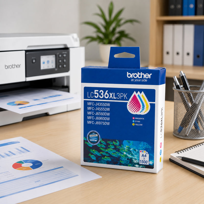 Angled lifestyle view of the Brother LC536XL3PK High Yield CMY Pack featuring cyan, magenta and yellow ink indicators on the packaging. Displayed alongside a multifunction printer, office stationery and printed business reports, the image emphasises dependable colour reproduction, genuine Brother performance and high yield efficiency for busy workplaces requiring sharp charts, colourful marketing materials and professional documents.