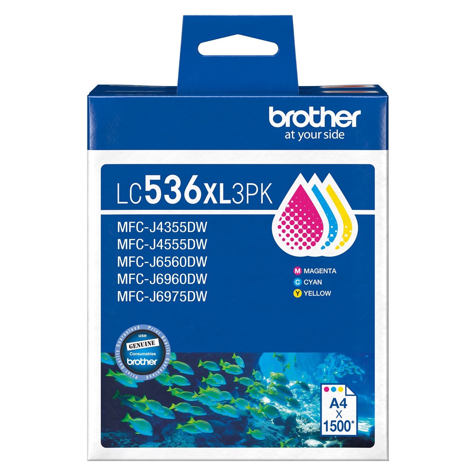 Front facing isolated product image of the Brother LC536XL3PK High Yield Ink Cartridge CMY Pack 3 in original Brother retail packaging. The box prominently displays the cyan, magenta and yellow colour icons, genuine consumables seal, compatible printer series and page yield information. Ideal for ecommerce product listings, the image clearly showcases a genuine Brother colour multipack designed to deliver vibrant colour prints, reliable operation and consistent printing performance.