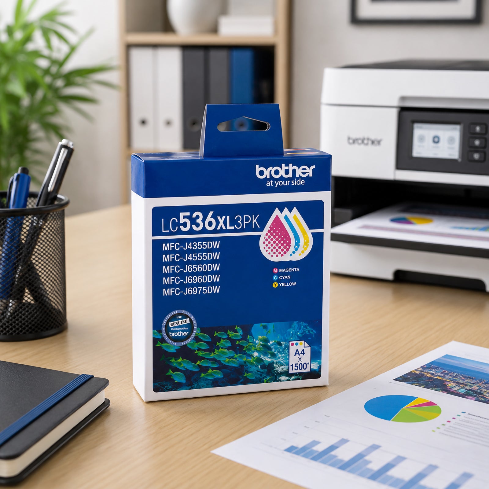 Brother LC536XL3PK High Yield CMY Ink Cartridge Pack displayed on a modern office desk beside a Brother printer, notebook and printed colour documents. The genuine Brother multipack contains cyan, magenta and yellow cartridges designed for vibrant colour printing. The packaging clearly shows the LC536XL3PK model number and compatibility information, making it ideal for business users, home offices and creative professionals seeking reliable colour output.